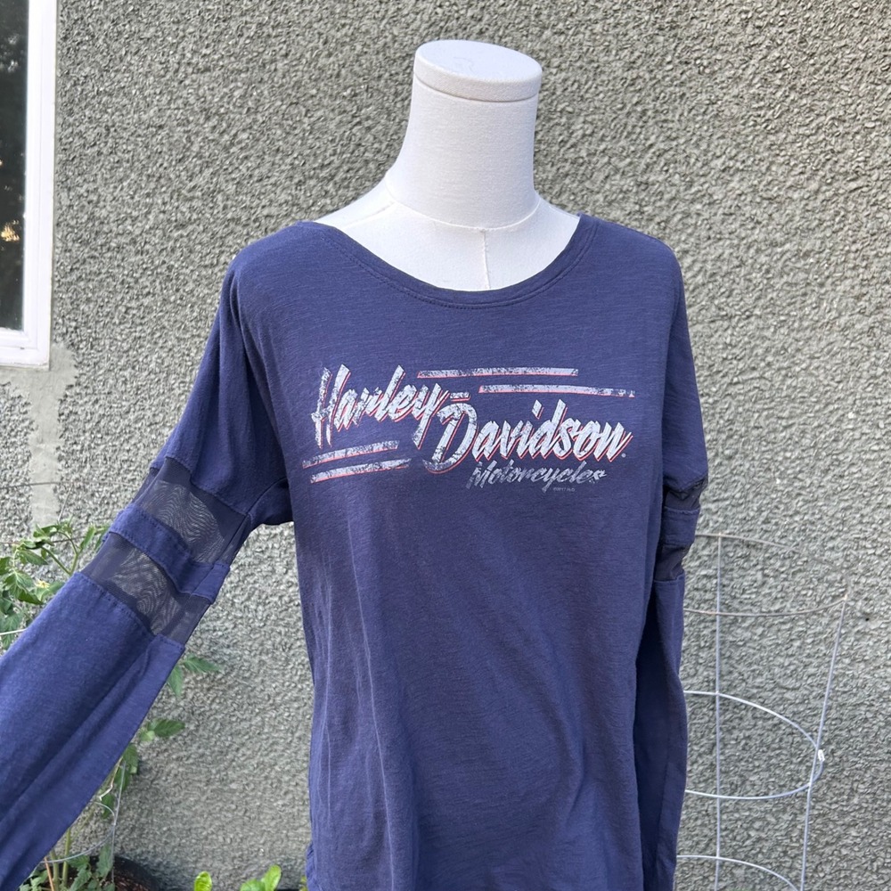 Harley Davidson Long Sleeve Shirt Womens Navy Blue Mesh Sleeve Graphic Tee Large